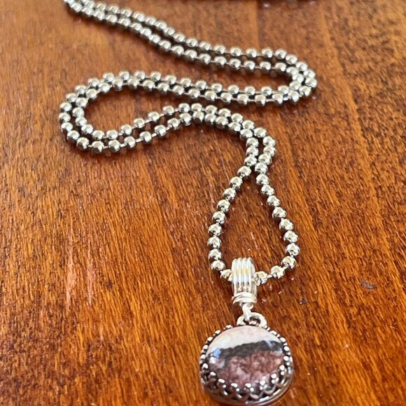 Minimalist Picture Jasper Pendant Necklace | Silver Tone Crown Bezel - Picture 4 of 7